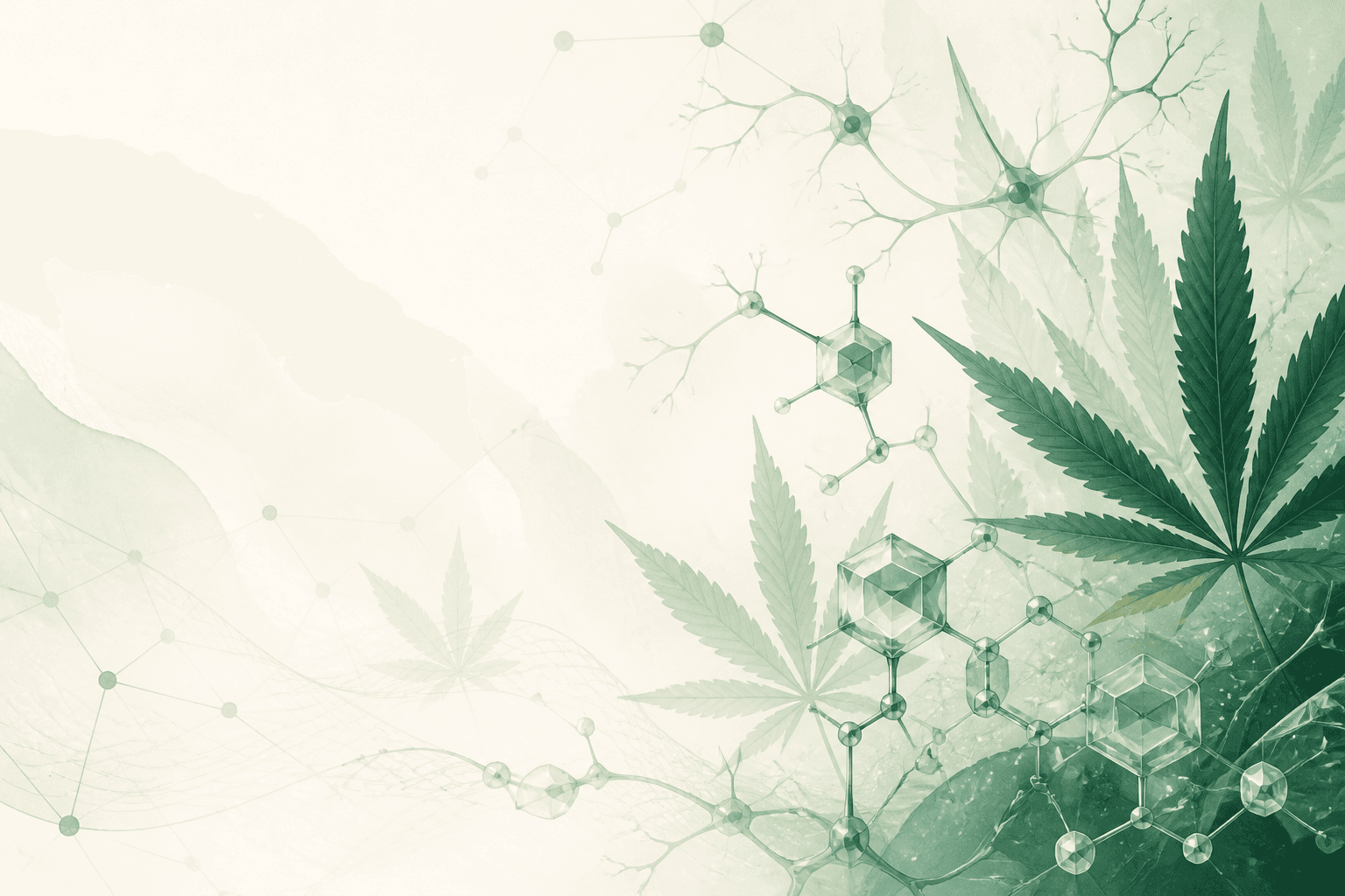 Ilustração: folha de cannabis, moléculas e rede do sistema endocanabinoide