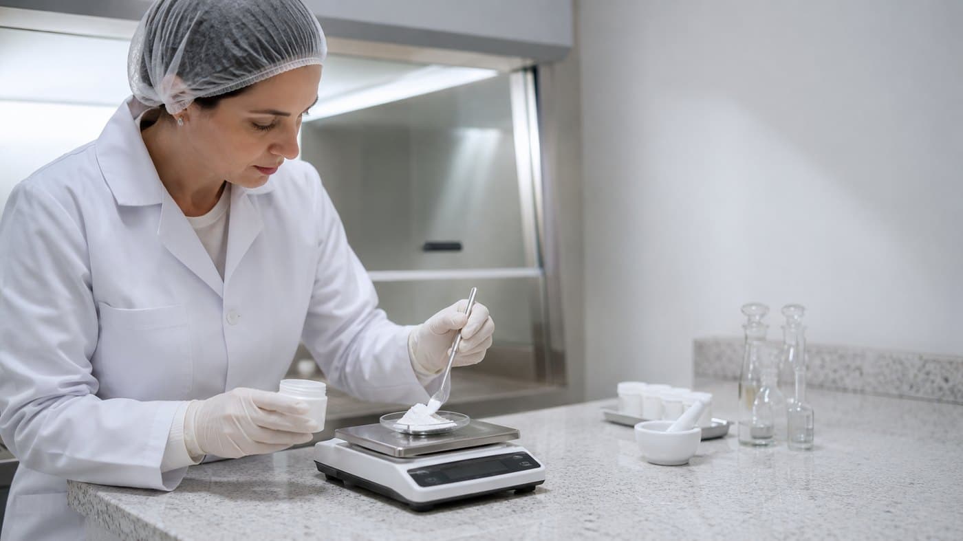 Farmacêutica pesando CBD isolado em balança de precisão na bancada magistral