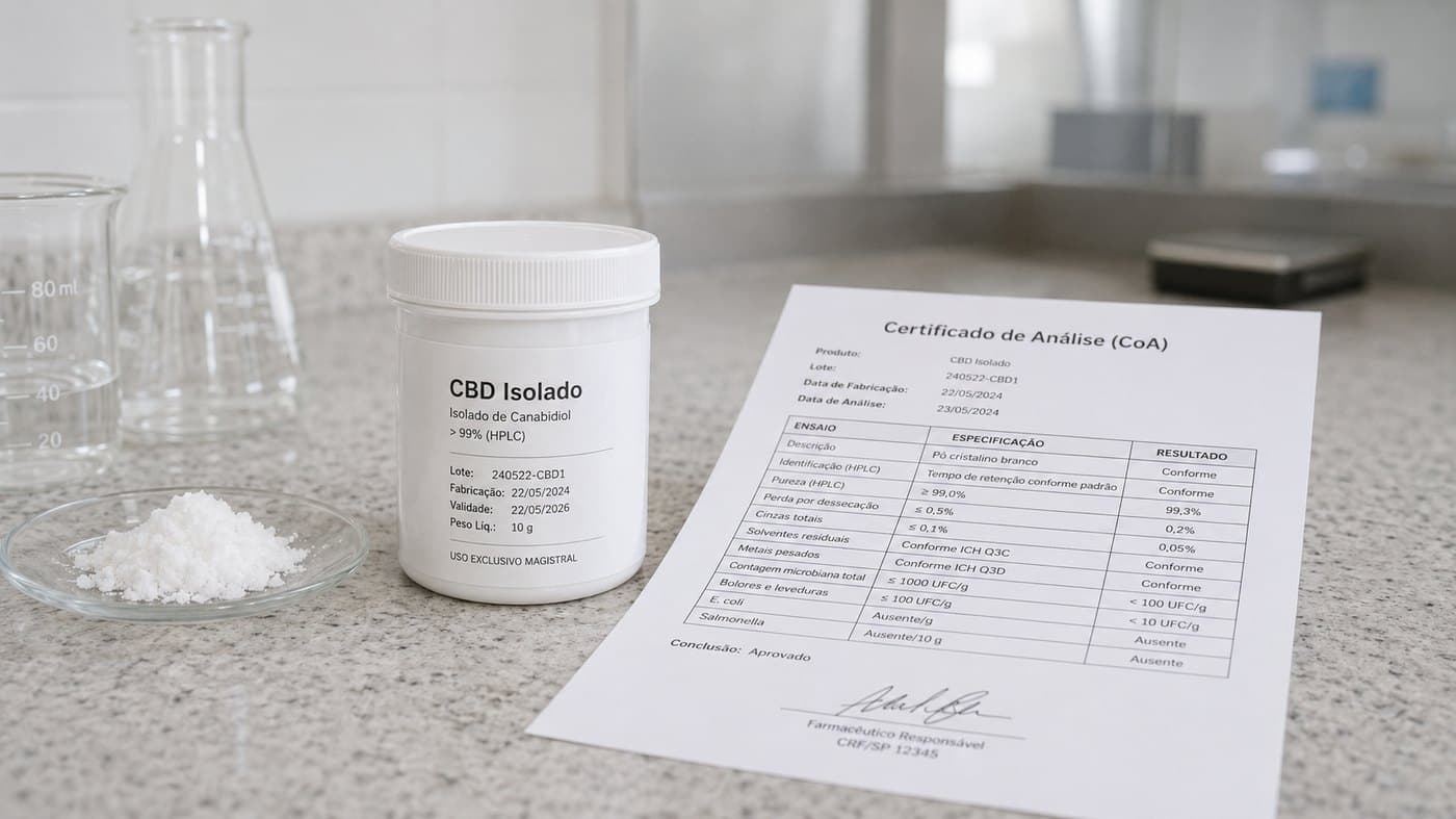 Pote de CBD isolado com pureza superior a 99% e certificado de análise (CoA) na bancada magistral